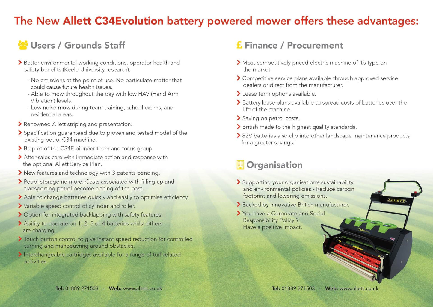 Allett C34 Evolution Battery Cylinder Reel Mower (Power-unit with Grassbox)