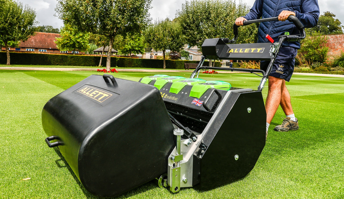 Allett C34 Evolution Battery Cylinder Reel Mower (Power-unit with Grassbox)